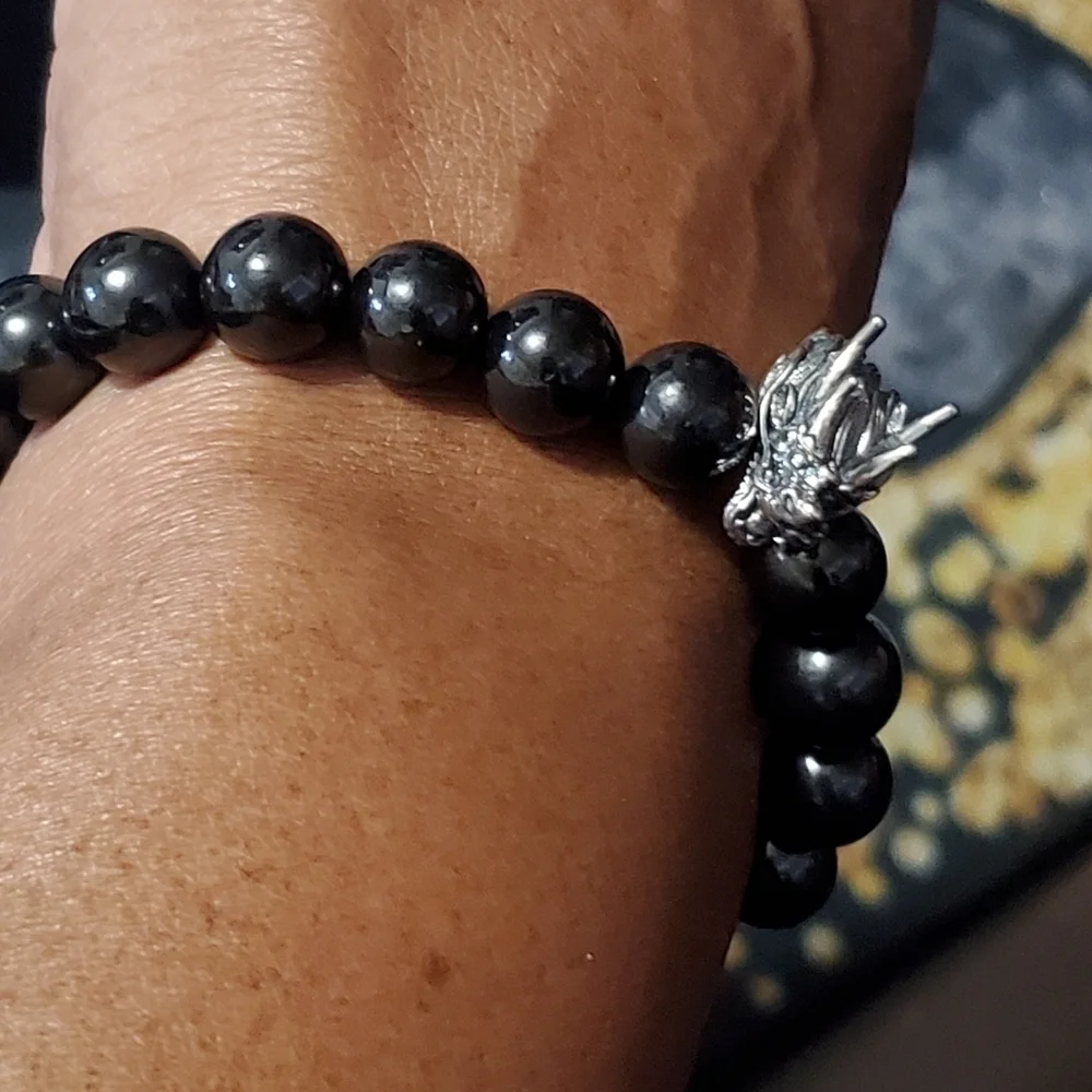 Elite Shungite Beaded Stretch Bracelet With Silver Dragon Head Charm